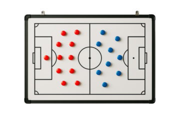 Football tactics board with red and blue magnetic markers, isolated on white background, used for sport strategy and planning concept. Ai generative