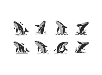 Set of Stylized Whale Icons in Ocean Waves.