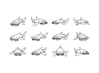 Set of Twelve Cute Shark Illustrations.