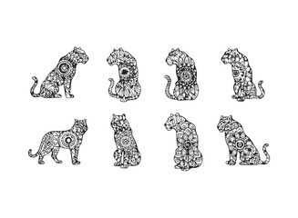 Set of Stylized Tigers with Intricate Mandala Patterns.