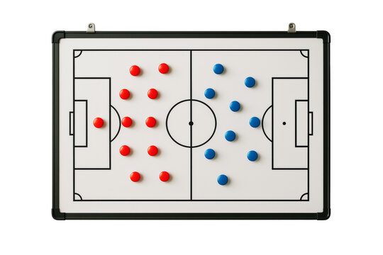 Football tactics board with red and blue magnetic markers, isolated on white background, used for sport strategy and planning concept. Ai generative