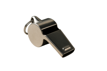 Metallic sport whistle isolated on white background, closeup photo style, used as a clean element for design or sport layout concept. Ai generative
