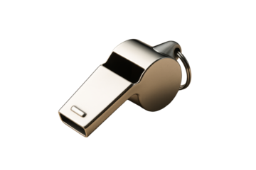 Shiny metallic whistle isolated on white background, clean closeup layout with cutout style, concept of sport or design element. Ai generative