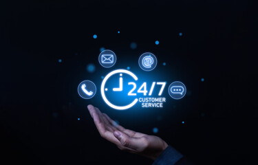 Hand holding glowing customer service icon with communication symbols, representing support center, online assistance, helpline, business care, and digital contact service concept.