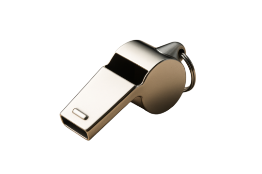 Shiny metallic whistle isolated on white background, clean closeup layout with cutout style, concept of sport or design element. Ai generative
