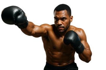 Muscular male boxer in black gloves punching forward, isolated on white background, clean closeup layout, concept of sport and action, Ai generative