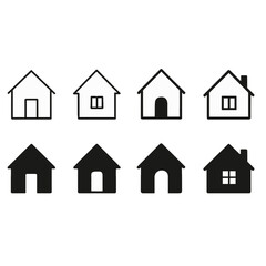 Collection of simple black and white house icons representing home, building, and architecture.