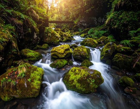 Lush, moss-covered rocks frame a flowing river in a forest, bathed in sunlight, with a small bridge above - Powered by Adobe
