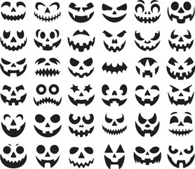 Collection of diverse and spooky carved halloween pumpkin faces with various expressions and designs
