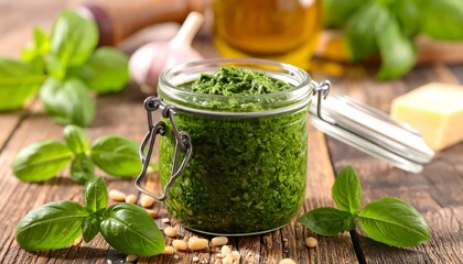 Pesto in a jar with fresh ingredients