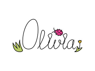 Name Olivia,lettering, doodle,one line,flowers patterns. Card with beautiful name Olivia in flowers. Female name decorative lettering type design