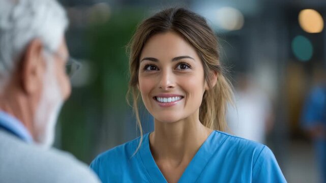 Nurse woman in professional uniform smiling and providing medical care to patient in hospital healthcare environment showing compassion and friendly healthcare professional interaction