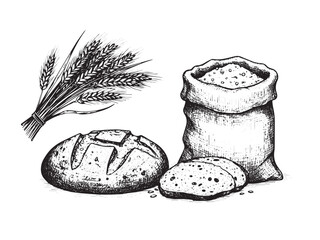 Bread and Wheat Vintage Engraved Harvest Scene Illustration Vector