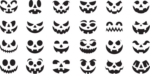 Collection of 30 unique black and white carved pumpkin faces for halloween decorations and designs