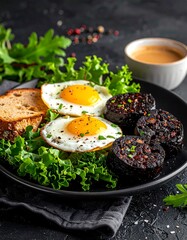 Delicious Breakfast Plate - Fried Eggs, Black Pudding, and Toast.