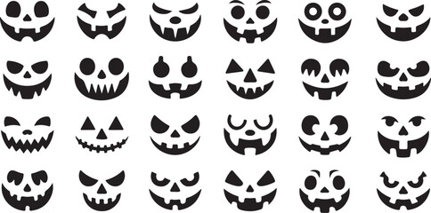 Collection of spooky and scary halloween pumpkin faces carved designs for festive decorations