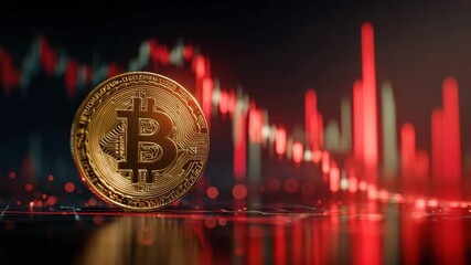 Golden bitcoin coin cryptocurrency digital currency investment concept with red and green financial chart representing market volatility, blockchain finance, economy, and gold coin investment risk - Powered by Adobe