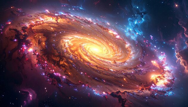 Spiraling galaxy with brilliant orange nucleus and wispy blue nebulous arms set against a deep space background