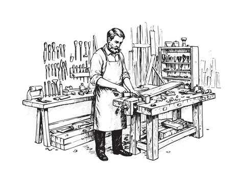 Vintage Workshop Engraved Artisan Scene Illustration Isolated Vector