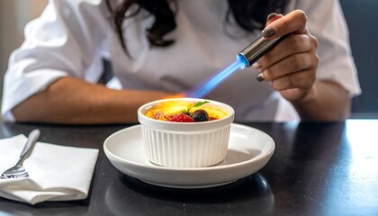 Chef Br?l?eing Cr?me Br?l?e Dessert with Berries and a Torch.