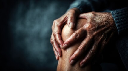 Fototapeta premium Elderly hands gently cradling a knee, symbolizing pain, care, and the wisdom of age, conveyed through emotion and tenderness in soft light setting