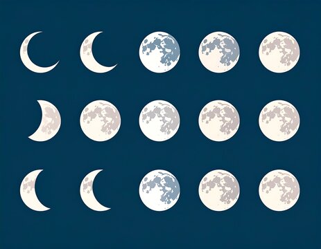 Depicts moon phases in stylized vector, a lunar cycle progression on dark blue background. Minimalist, celestial art