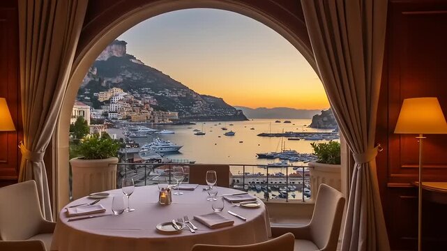 Luxury dining experience overlooking a picturesque bay at sunset