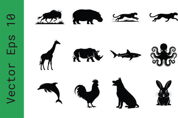 Obraz premium Black animal silhouettes set, collection of 12 wildlife and domestic animal icons, minimalist vector eps 10 graphics for logos