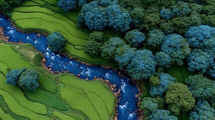 Aerial view of vibrant rice terraces river and lush green forest offering a scenic rural landscape