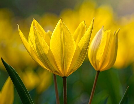 Sunlit yellow tulip blooms glow, close-up, with green leaves and a soft, blurred background, showcasing spring's vibrant beauty