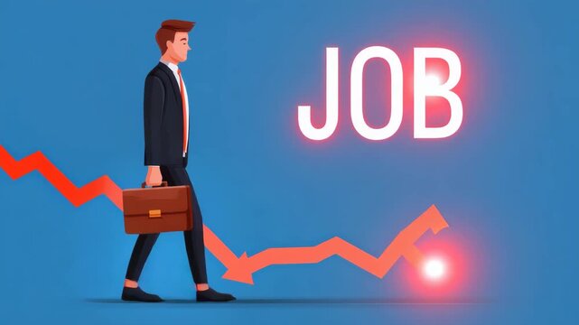 Job businessman briefcase downward arrow economic decline employment challenge business finance career concept showing job loss market decrease career downturn graph symbolizing financial challenges