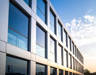 Obraz premium Modern, reflective building facade with geometric glass panes and metal panels against a bright blue sky