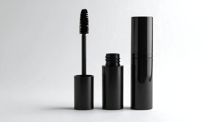 Obraz premium Three sleek black cosmetic tubes and applicator on a plain white backdrop