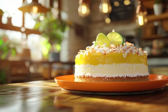 Layered dessert cake with mango and coconut.