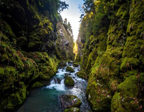 Moss-covered cliffs rise beside a stream, sunlight peeking through the opening in the forest canopy above