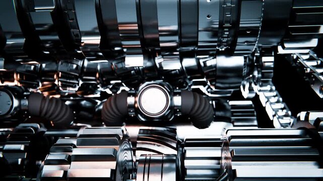 Metallic engine with cogwheels, gears, pistons, and chains rotating on a black background