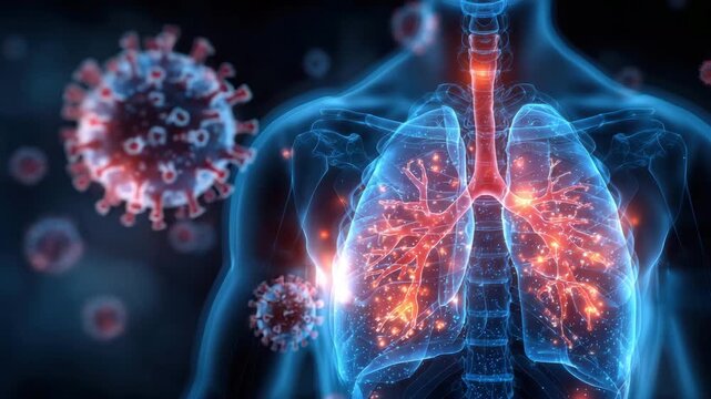 Lung virus infection respiratory disease inflammation medical anatomy 3D illustration showing respiratory system affected by disease with glowing inflammation and virus particles around lungs