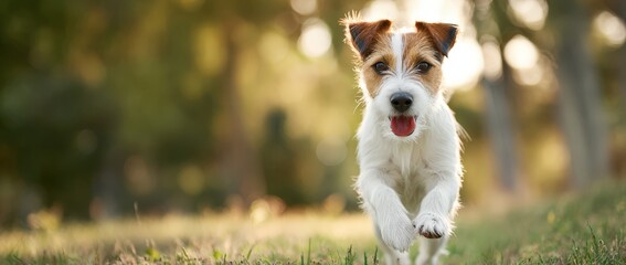 A small dog is happily running through a lush grassy field