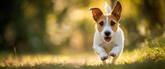 A small dog is happily running through a lush grassy field