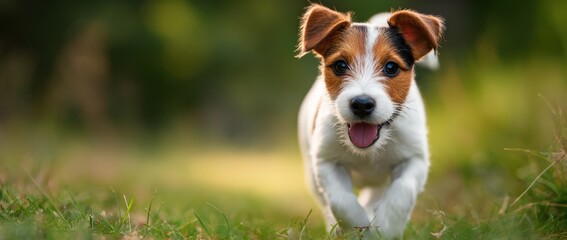 A small dog is happily running through a lush grassy field