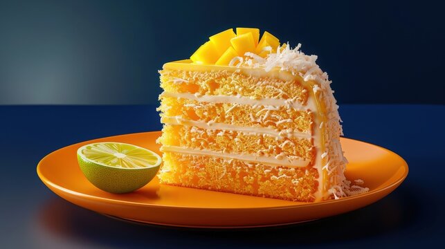A slice of layered mango cake with coconut topping on an orange plate.