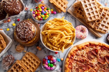 On the table, there are numerous different varieties of junk food