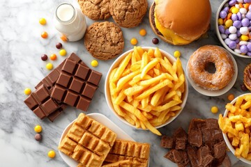 On the table, there are numerous different varieties of junk food