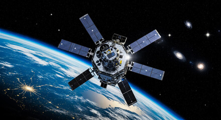 Communication satellite orbiting earth with multiple galaxies in background, representing global network technology for telecommunication data transmission and internet broadband service