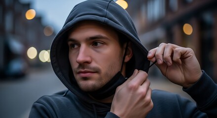 Man Adjusting Hoodie in City Setting.