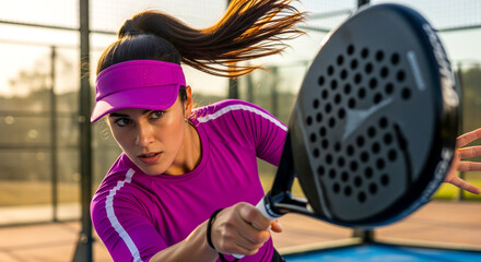 Female Padel Player Concept with woman hitting backhand shot with racket at sunset, with hair in motion on outdoor court during training