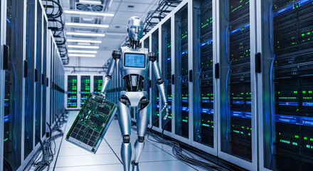 Artificial Intelligence in IT Concept with humanoid robot technician working in data center, carrying circuit board for server maintenance and network upgrade