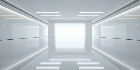 Obraz premium Modern Architectural Vista. Sleek, minimalist corridor bathed in soft light, polished tile floors reflecting clean lines and open space. Hidden long striped lights on ceiling suite for background.