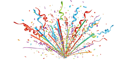 Ultra highresolution, professional studio photography of illustration of explosion of colorful confetti and streamers isolated on transparent background