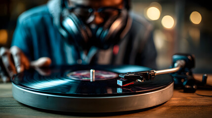 Obraz premium DJ legt Vinyl-Schallplatte auf Plattenspieler im Musikstudio auf 